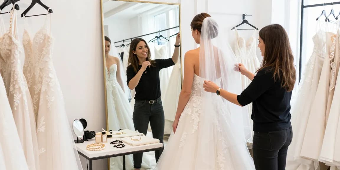 Consulenza di bridal styling per una sposa davanti allo specchio, mentre una stilista la aiuta a scegliere l'abito perfetto