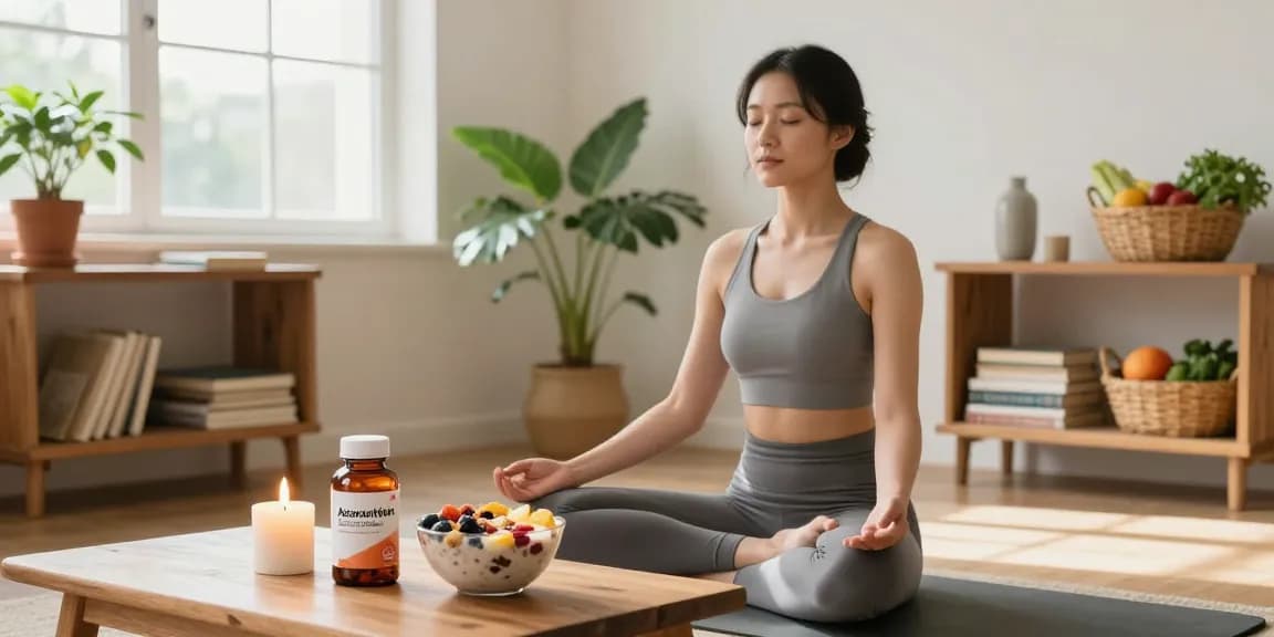 Mindful individual practicing wellness with premium astaxanthin supplements in a serene home setting.