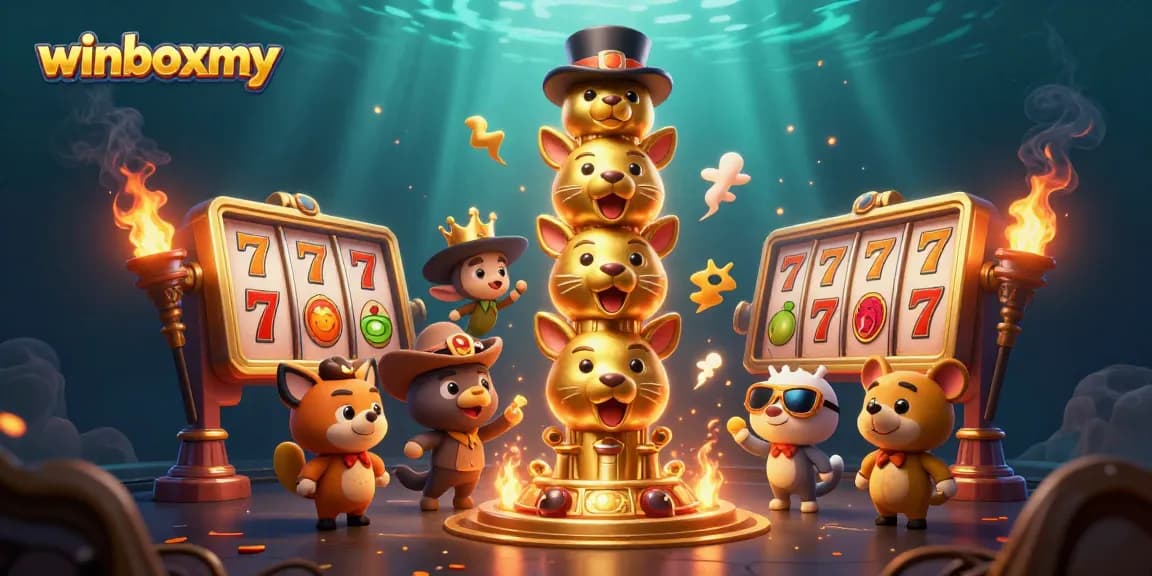 Experience gaming action with winboxmy's vibrant 3D illustration showcasing slots and a golden totem pole.