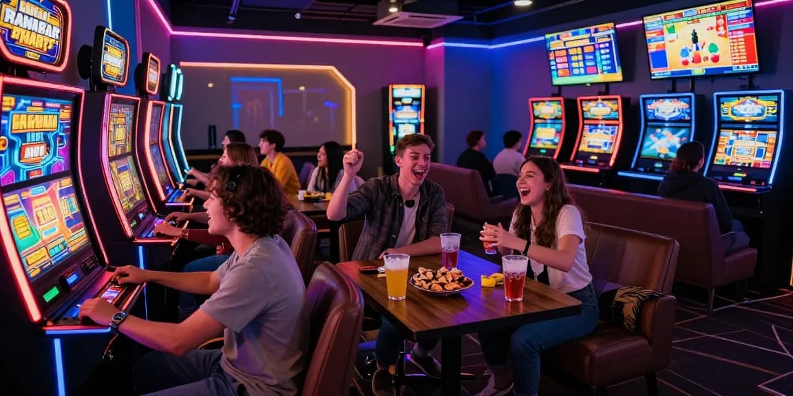 Slot depo 5000 gaming lounge atmosphere with diverse players enjoying colorful slot machines and a lively ambiance.