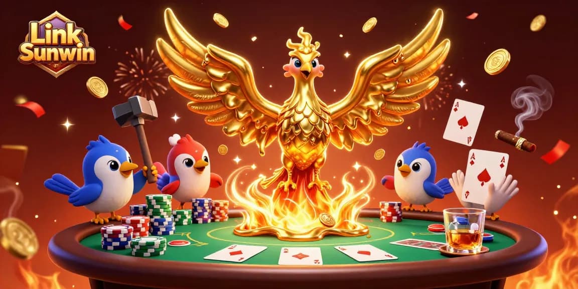 Link Sunwin portrays a vibrant casino scene with a phoenix and poker elements.