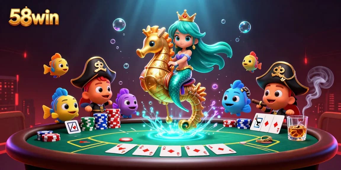 Experience exciting gaming adventures with 58win's vibrant underwater casino scene featuring a mermaid and poker elements.