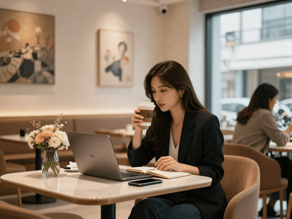 강남쩜오 멀리건의 세련된 분위기에서 커피와 노트북으로 여유로운 시간을 즐기는 모습