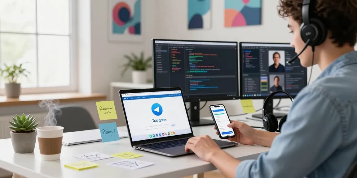 Professional workspace showing telegram官网 interface on laptop, smartphone notifications, and modern office setup.