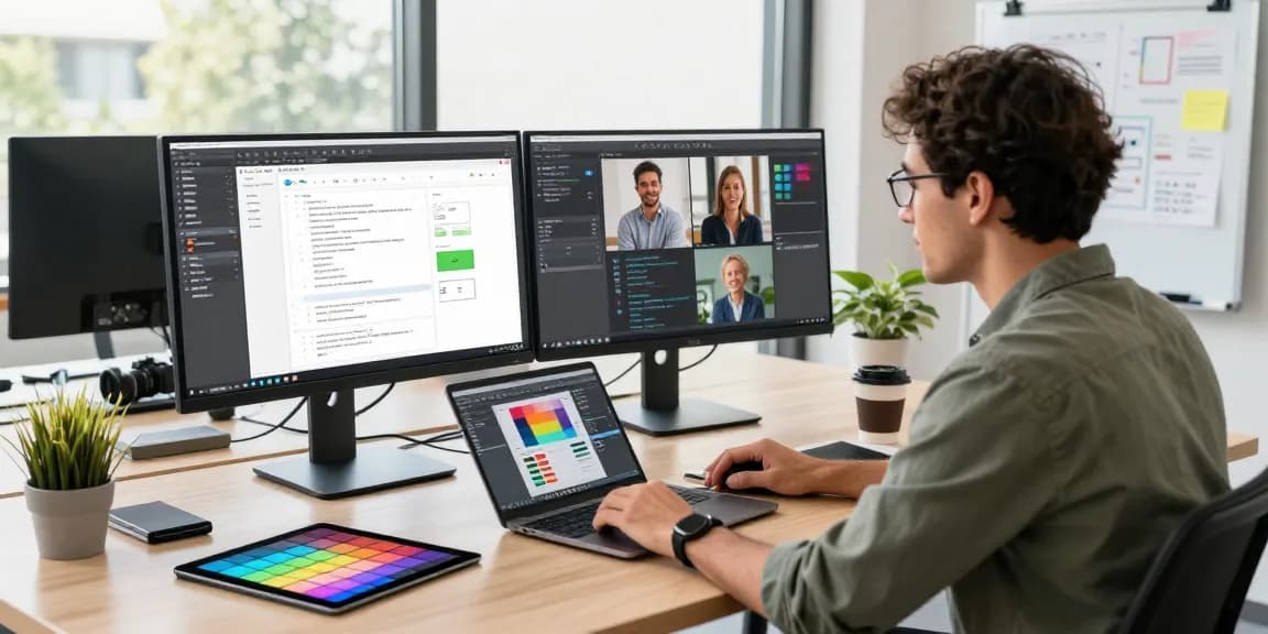 Enhanced productivity using 截图工具 in a modern office environment, featuring a designer engaging with advanced software tools and creative workspace elements.
