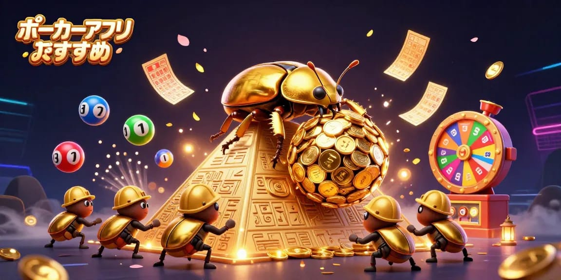 ポーカーアプリおすすめで楽しむ黄金のコインと宝の舞台を描いたイラスト