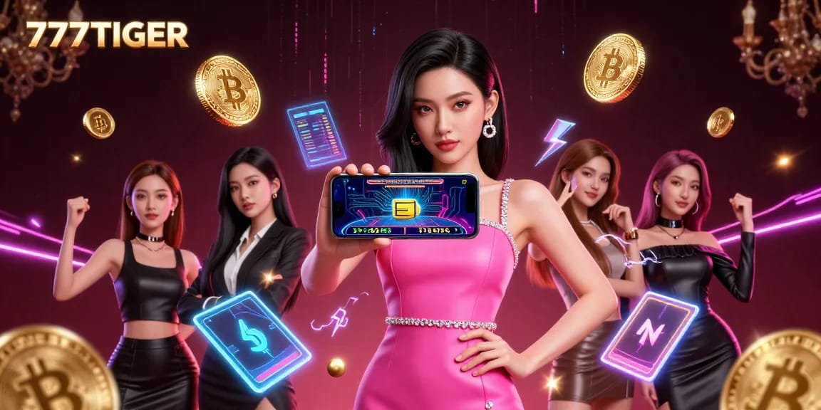Engage with 777TIGER's dazzling online gaming world featuring dynamic casino elements and vibrant digital displays.