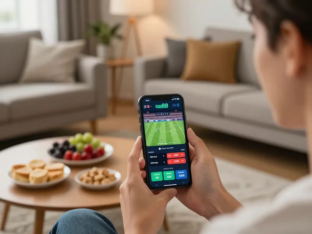 Person using uu88 app for sports betting in a cozy home setting.