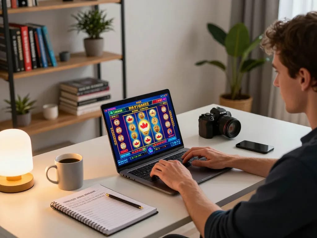 Engaged player enjoying online casinos Canada from a stylish home setup with laptop and coffee