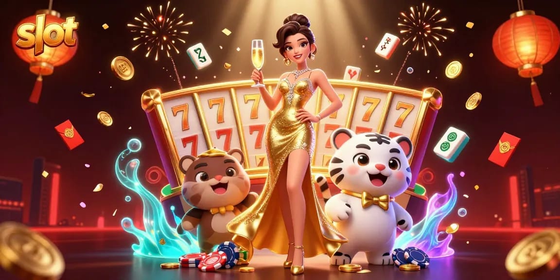 Play slots with a glamorous woman and a lucky white tiger cub in a vibrant casino scene