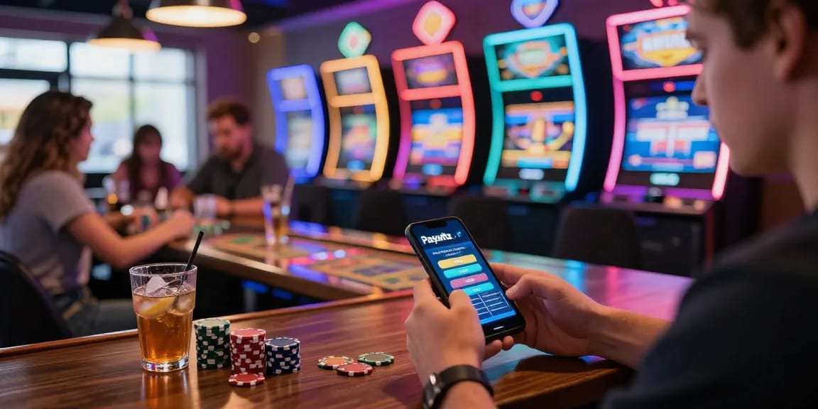 Dynamische Paysafe Card Casino-Umgebung mit einem Spieler, der mit einem Smartphone interagiert und die Aufregung des Online-Gamings veranschaulicht.