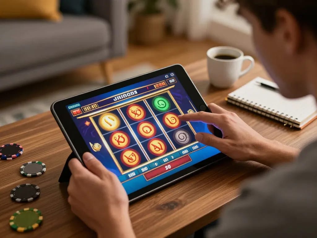 Player engaging with vt88 online slots on tablet in a cozy home environment.