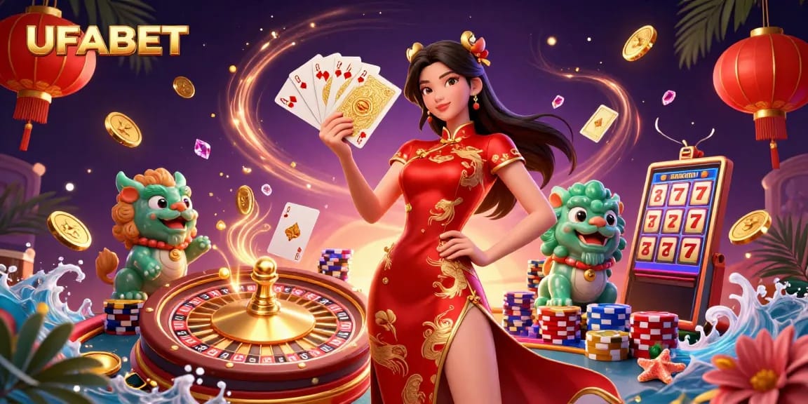 Win big with UFABET at a vibrant casino scene featuring exciting games and energetic characters.