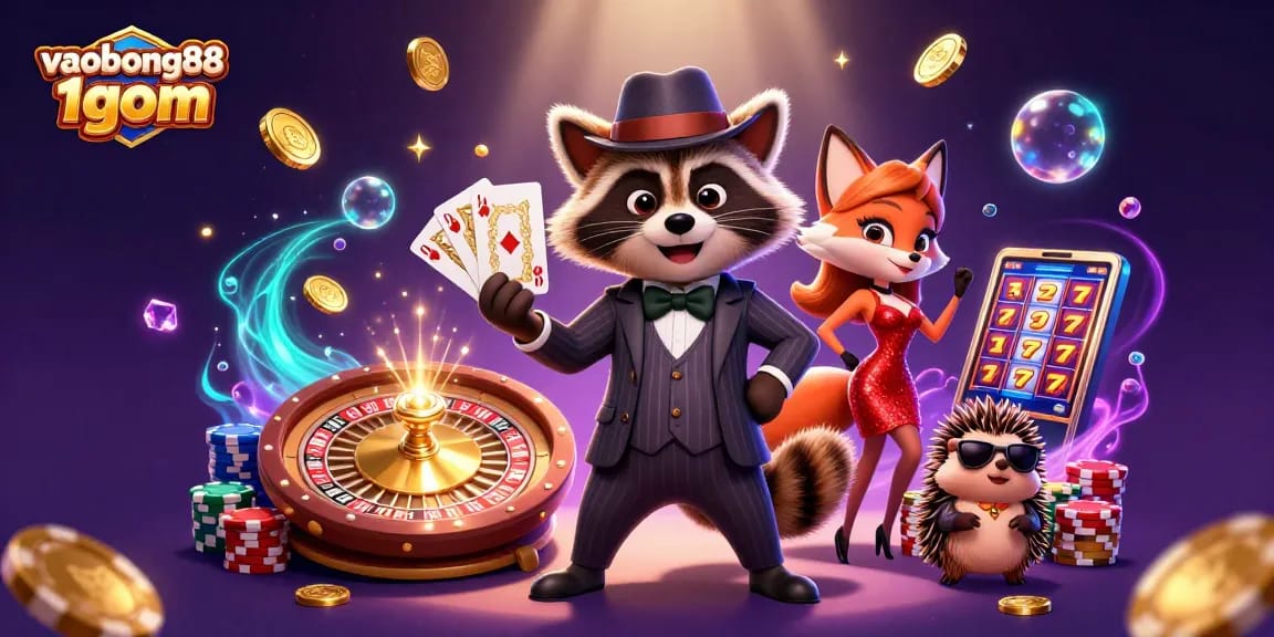 Bet on vaobong88 1gom with raccoon and fox at a vibrant casino scene.