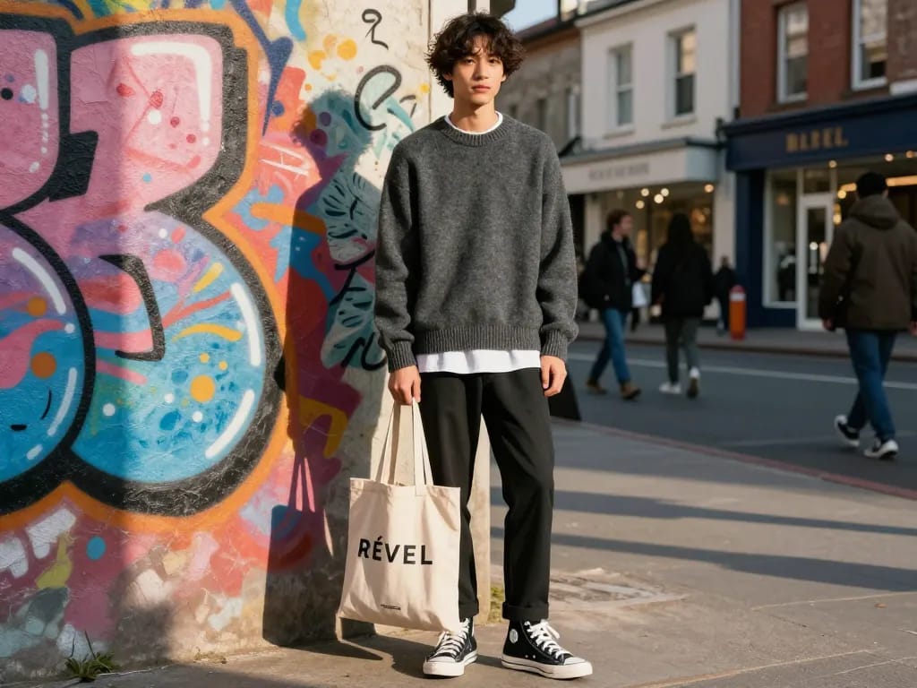 Stylish individual wearing charcoal wool blend jumper from revelcollective.myshopify.com against vibrant street mural.