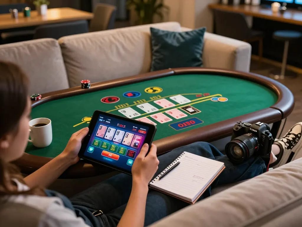 Player enjoying Onbet's online casino blackjack on tablet at home, showcasing engaged gaming experience