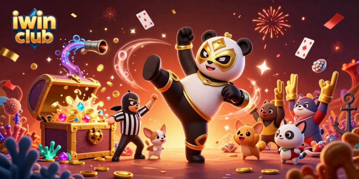 Iwin club enhances gaming excitement with a vibrant panda wrestler scene packed with action.