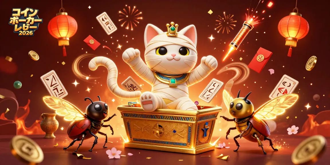 コインポーカー レビュー 2026において、エジプトのミイラの猫とスカラベがカジノで冒険しているシーン