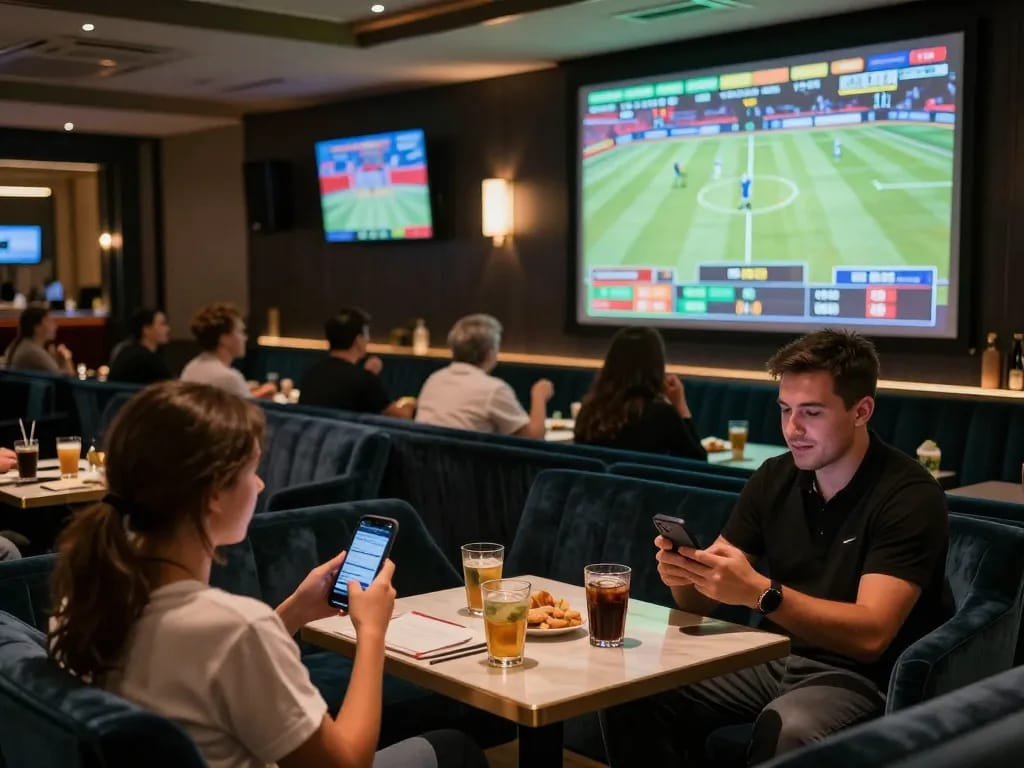 Engaged players analyzing sports odds at G28 betting lounge, vibrant atmosphere of excitement and camaraderie.