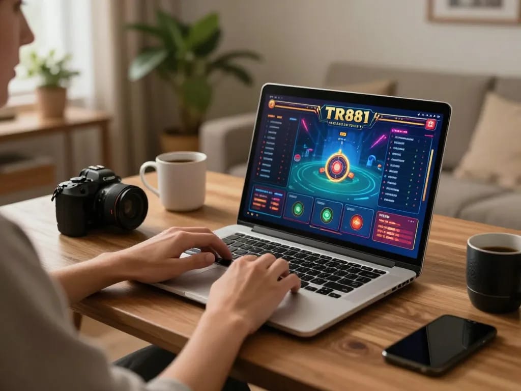 Engaging in strategic online gaming at TR88’s personalized home setup.