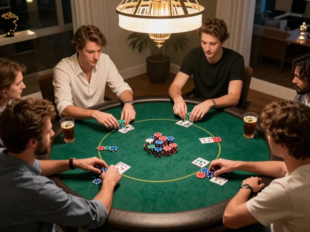 iWin poker players enjoying a strategic game night with vibrant chips and cozy ambiance.