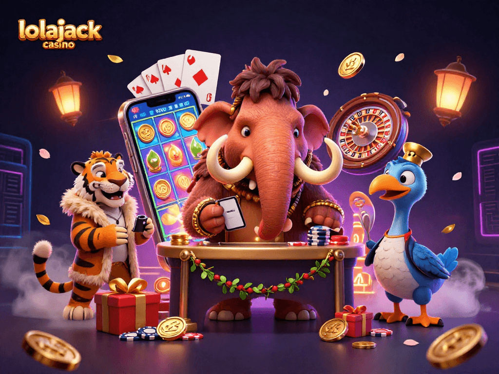 Engage with vibrant scenes at lolajack casino featuring unique characters in a lively gaming atmosphere.