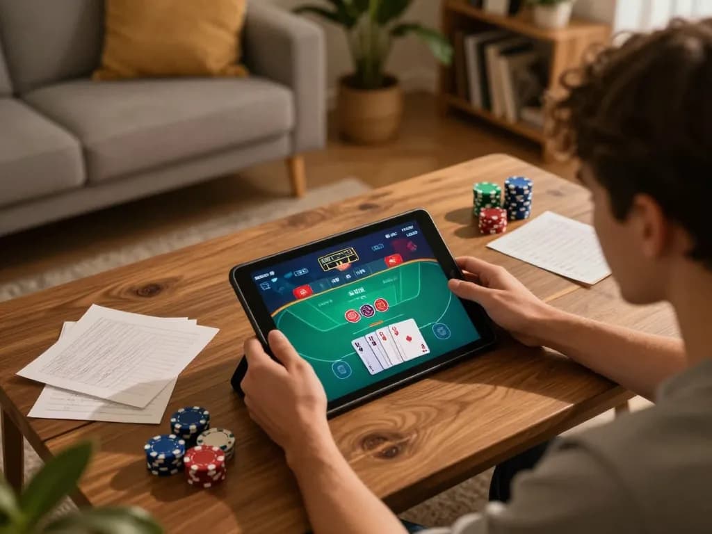 Engaging in online poker gameplay with gojekpot on tablet, showing high-stakes action in a cozy home setup.