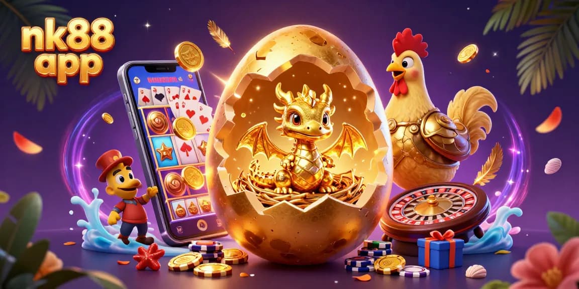 Engage with the exciting nk88 app as a golden dragon emerges from a poker chip nest.