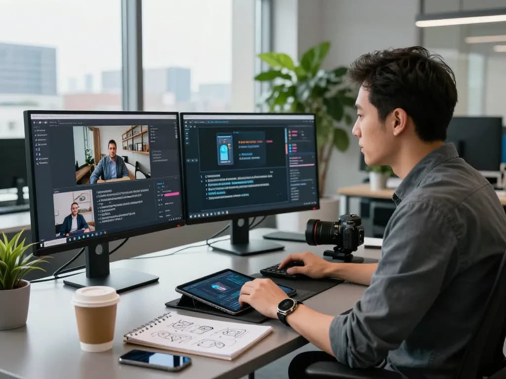 Video to promptgenerator workspace with a professional analyzing video prompts, dual monitors displaying dynamic content.