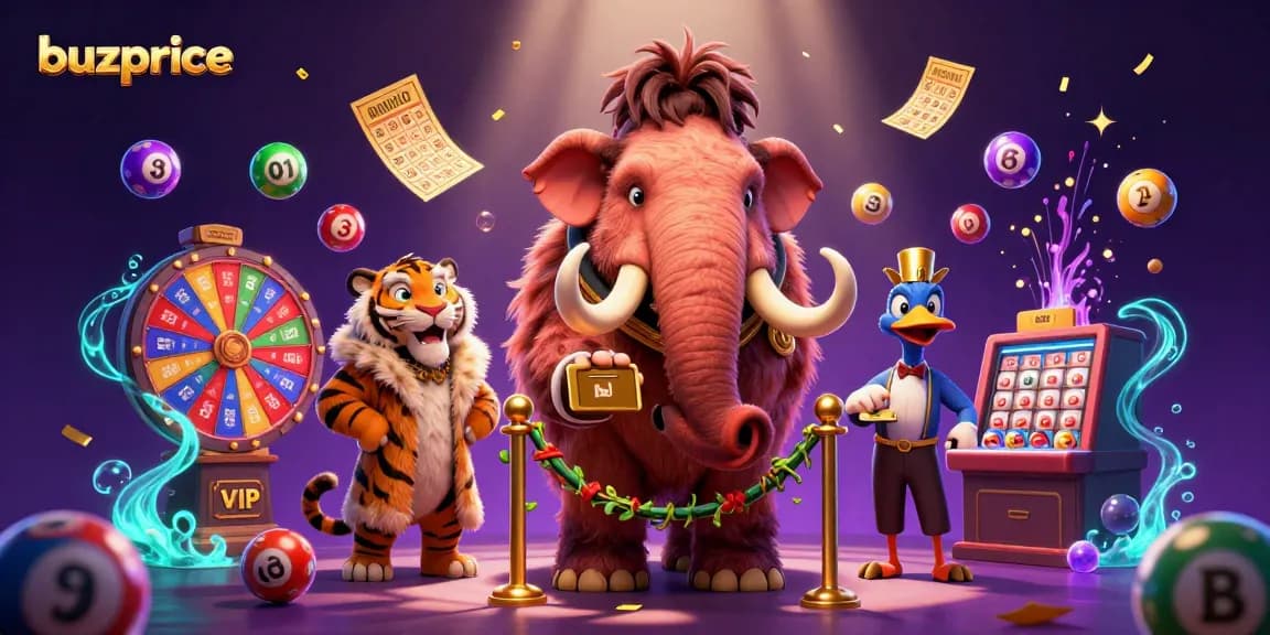 buzprice: vibrant illustration showcasing a woolly mammoth bouncer, a VIP saber-tooth tiger, and dynamic lottery elements
