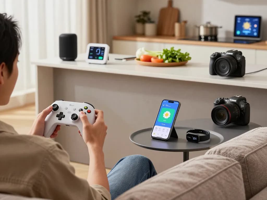 Interactive living room featuring trending tech gadgets like Bluetooth controllers, smartwatches, and kitchen thermometers in a cozy atmosphere.