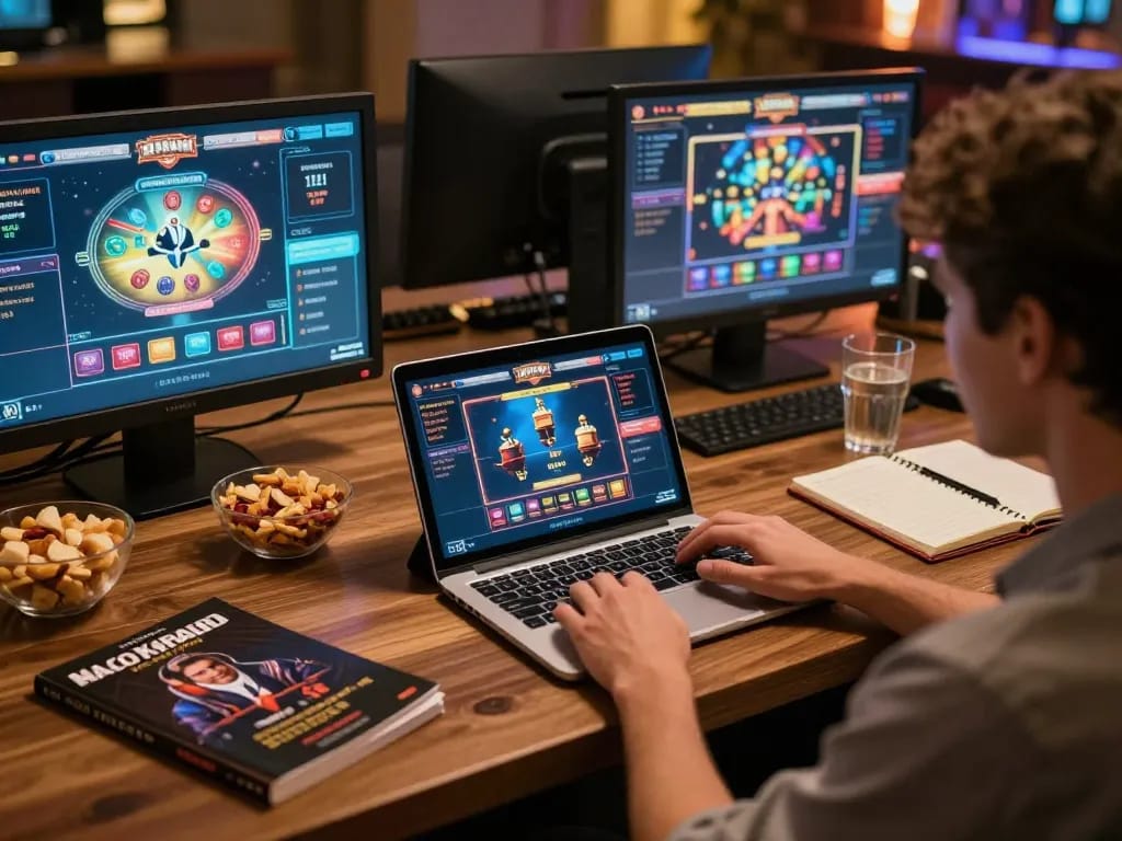uu88 player engaging with online casino games from a cozy home setup with strategic notes.