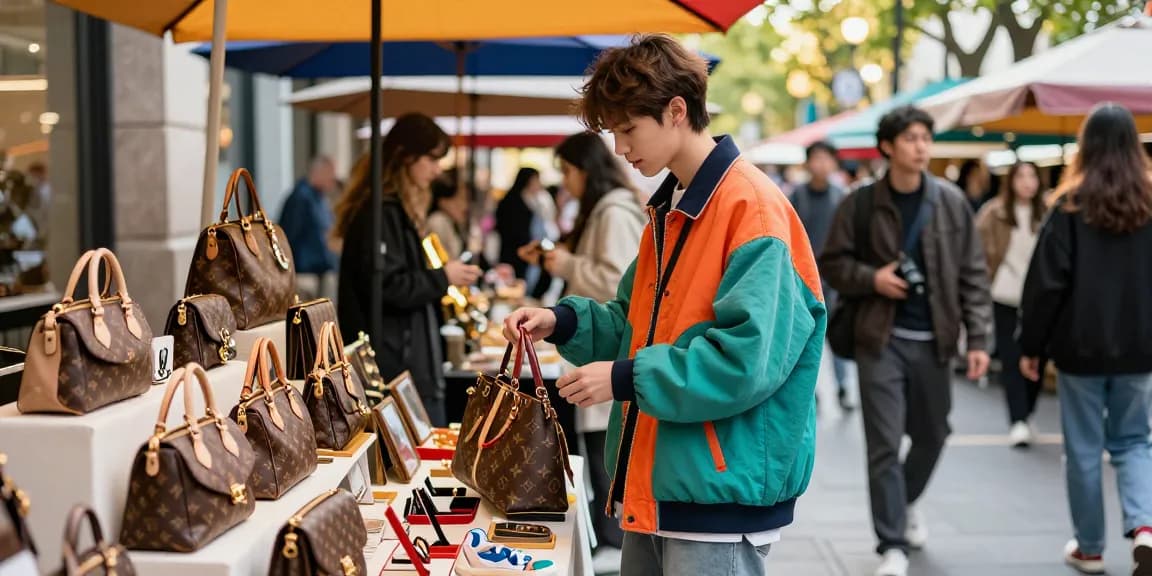 Stylish shopper examining high-quality 레플리카 accessories in an urban marketplace.