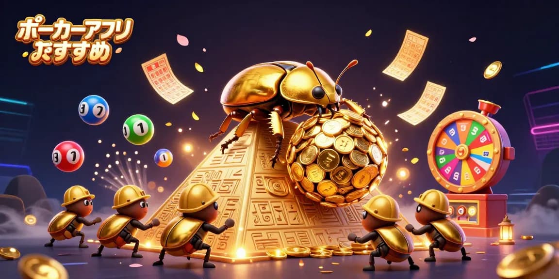 ポーカーアプリおすすめで楽しむ黄金のコインと宝の舞台を描いたイラスト