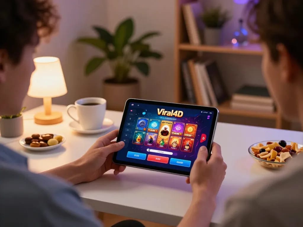 Engaging player exploring Viral4D casino app on tablet at home while enjoying comfortable surroundings.