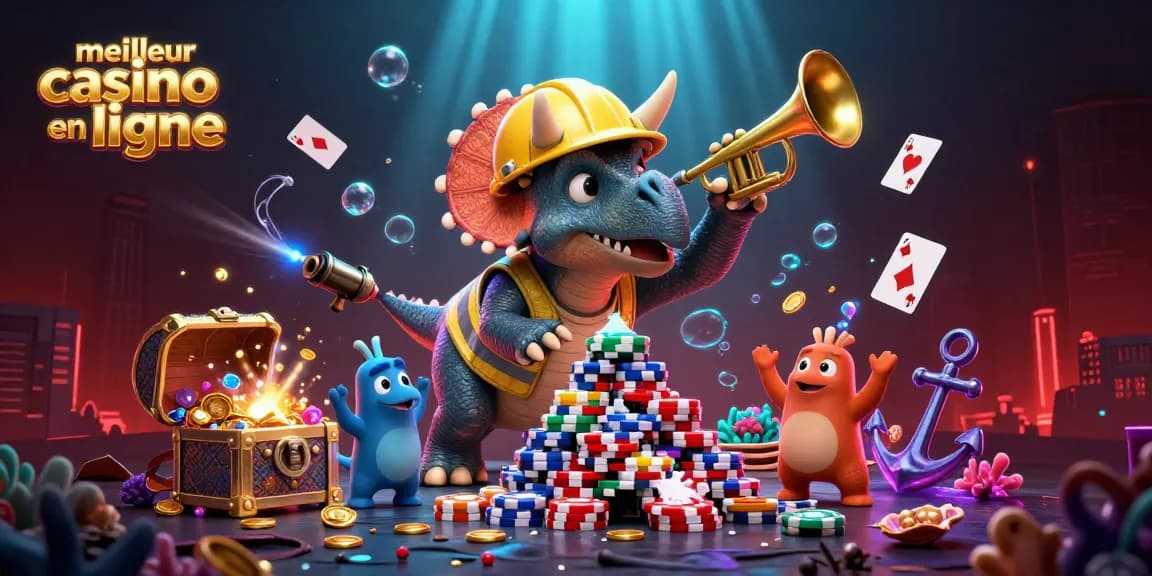 Illustration vibrante de triceratops et parasaurolophus célébrant au "meilleur casino en ligne" avec des jetons et des jeux sous-marins.