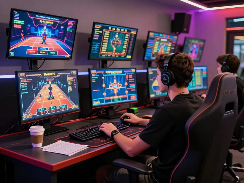 Người chơi tập trung chiến lược trong một thiết lập trò chơi trực tuyến Luckywin với nhiều trò chơi casino hiển thị trên màn hình.