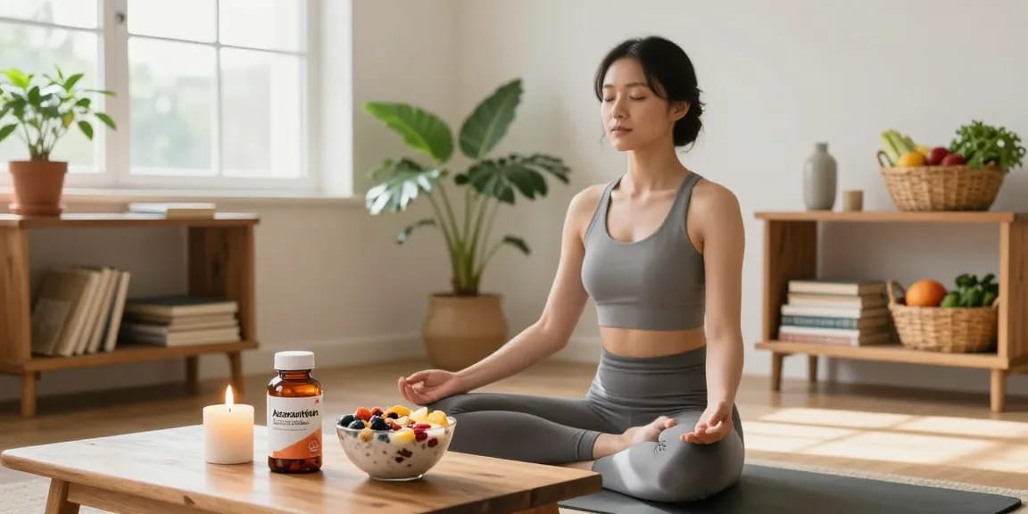 Mindful individual practicing wellness with premium astaxanthin supplements in a serene home setting.