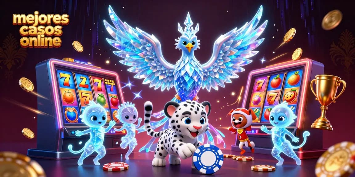 Disfruta de los mejores casinos online con esta vibrante ilustración de un fénix de hielo y fichas de póker.