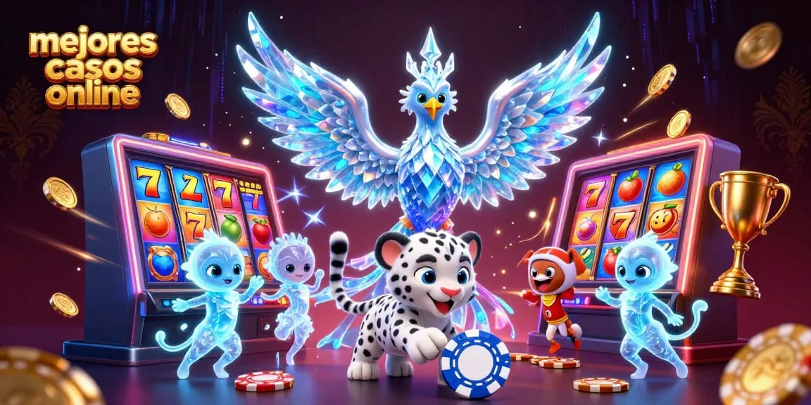 Disfruta de los mejores casinos online con esta vibrante ilustración de un fénix de hielo y fichas de póker.