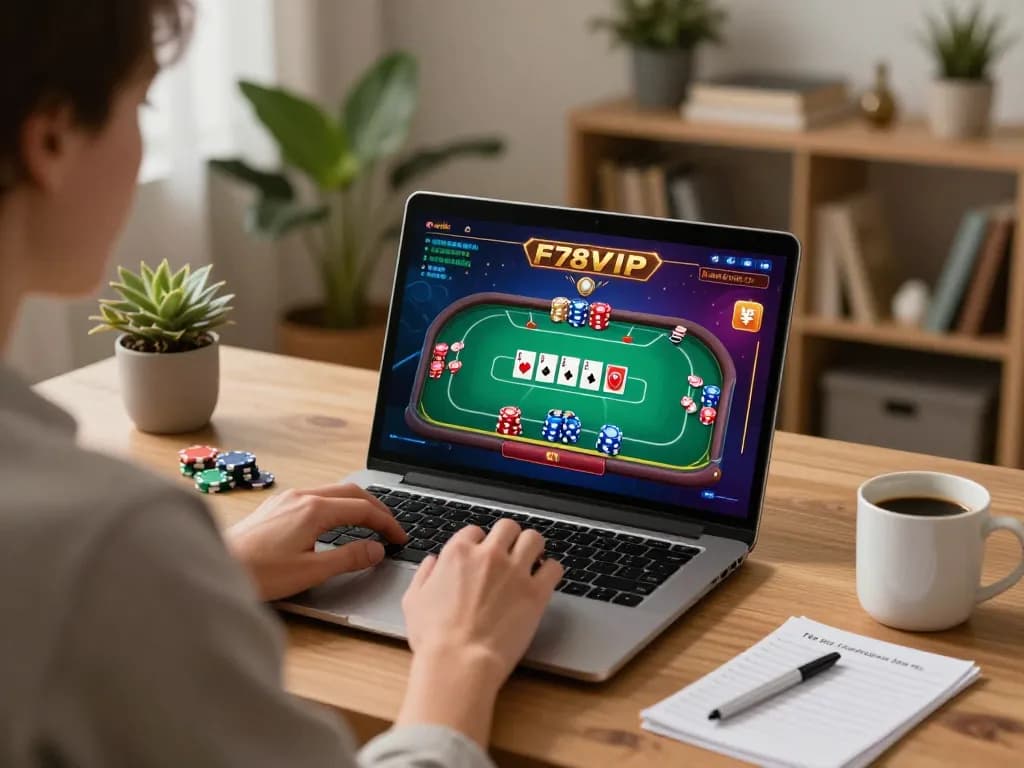 Player enjoying a thrilling poker game at home with 678VIP on a laptop, showcasing an engaging online casino experience.