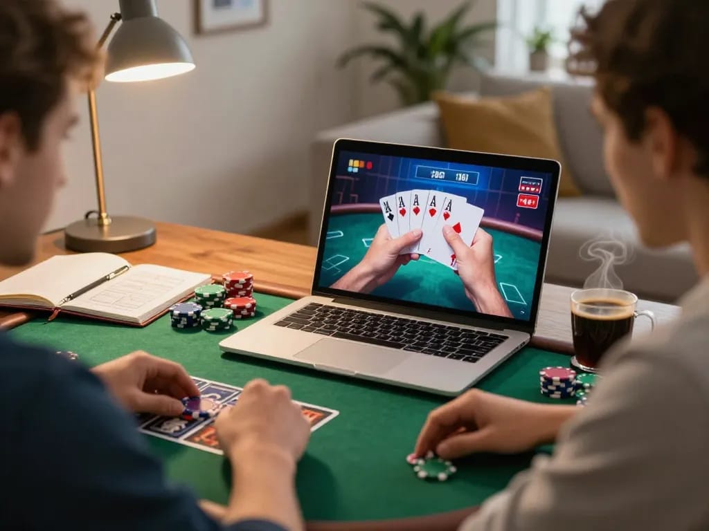 A player engages in an online poker game on their laptop at home, showcasing jus77 strategies.