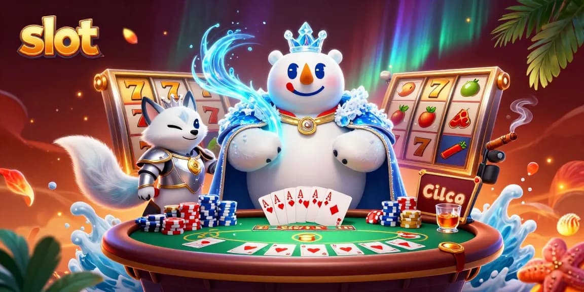 Engage in vibrant slot gameplay with a cartoon ice king polar bear and snow fox in a dynamic casino scene.