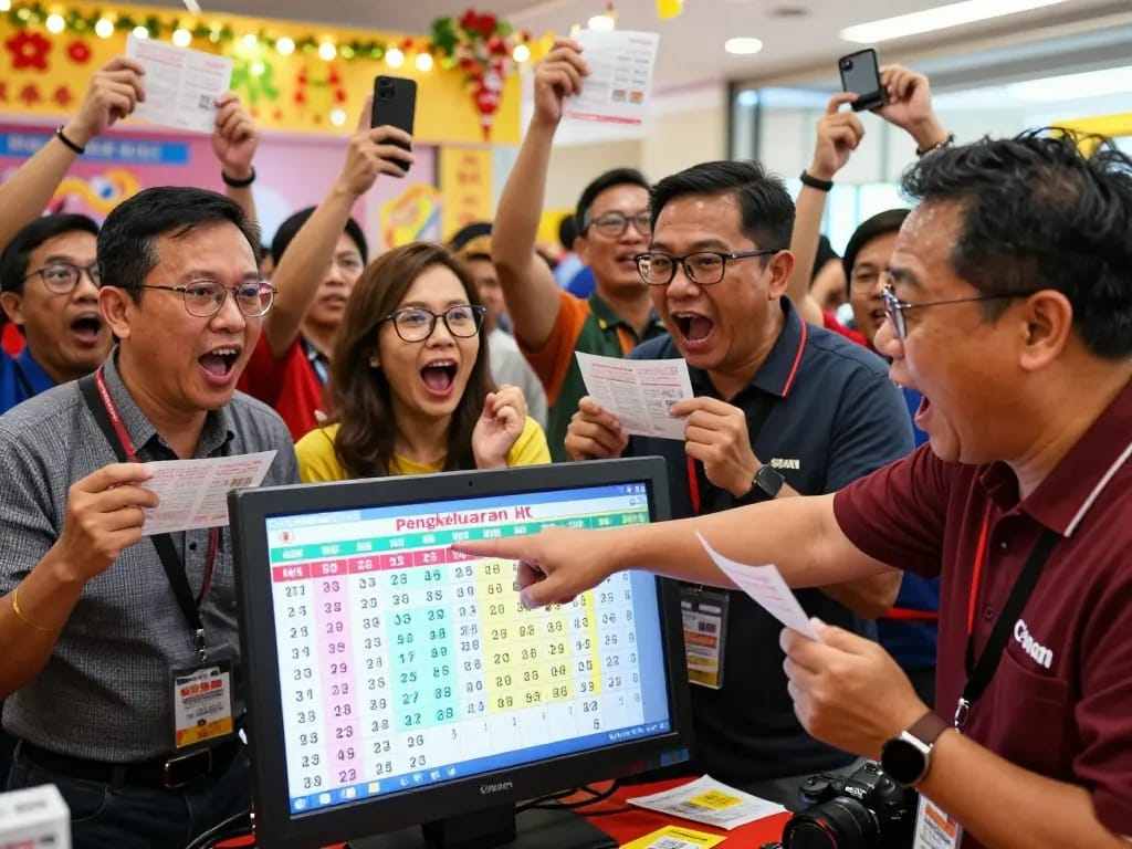 Excited lottery players celebrating Pengeluaran HK results in a vibrant community setting.
