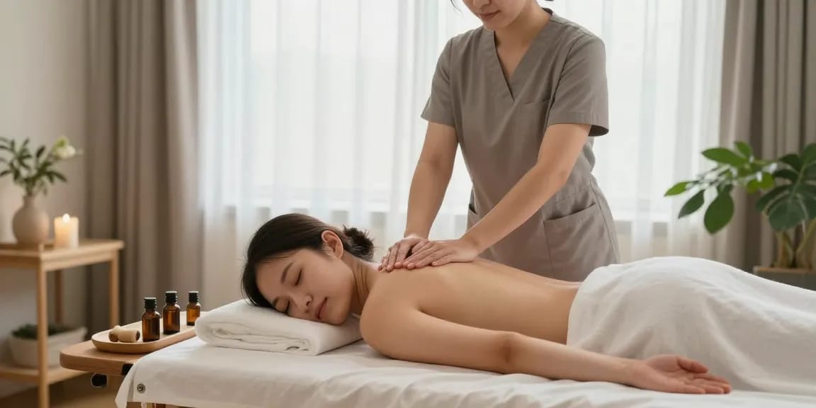 출장마사지 중인 전문가와 편안한 고객의 모습이 담긴 웰니스 공간