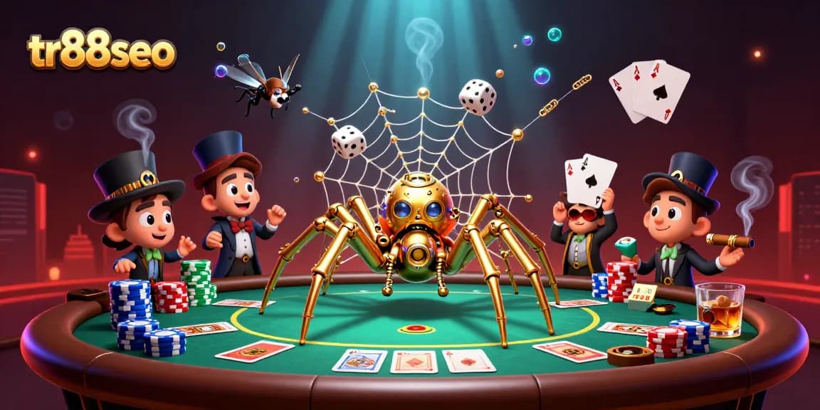Engage with tr88seo as the golden spider traps dice in its intricate web at a dynamic poker scene.