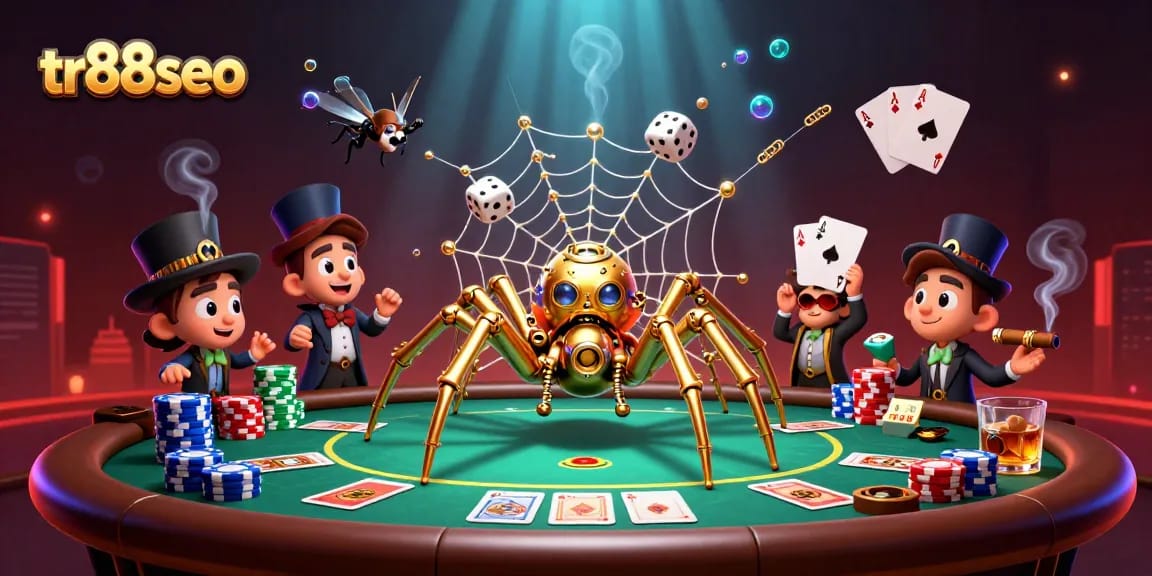 Engage with tr88seo as the golden spider traps dice in its intricate web at a dynamic poker scene.