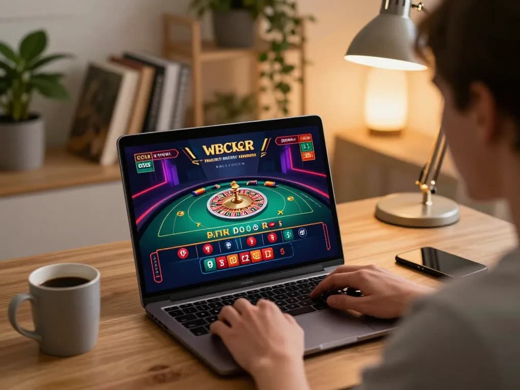 W188 player enjoying live casino gaming at home with a vibrant roulette interface on laptop.