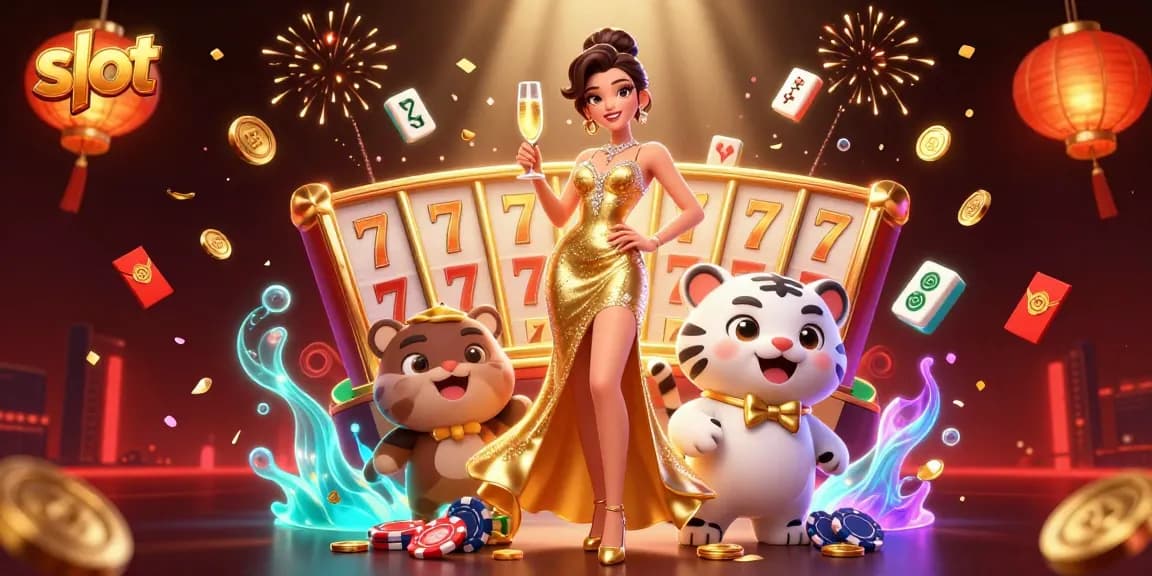 Play slots with a glamorous woman and a lucky white tiger cub in a vibrant casino scene