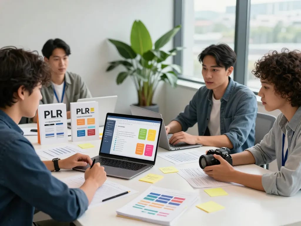 Team discussing PLR Digital Products for Sale strategies in a modern office setting.
